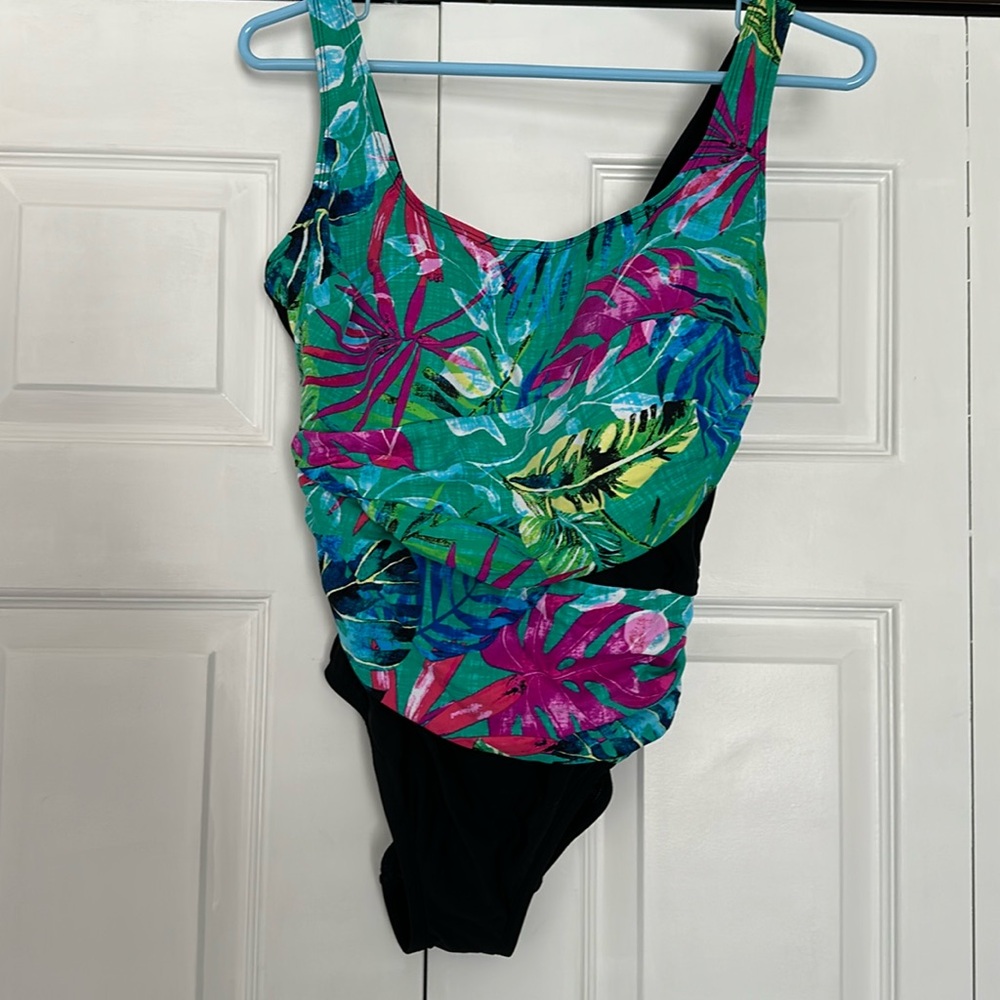 Floral and black one piece bathing suit
